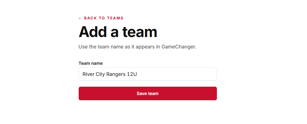 The Add your team form with team name and age level.