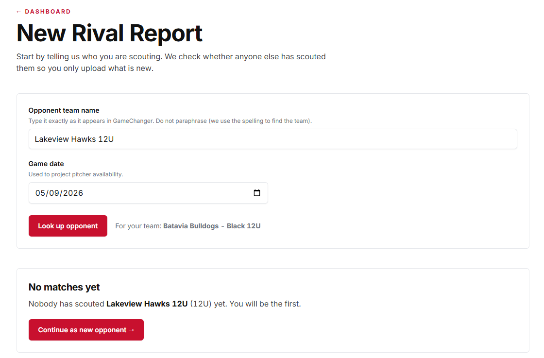 The opponent lookup form on a new Rival Report.