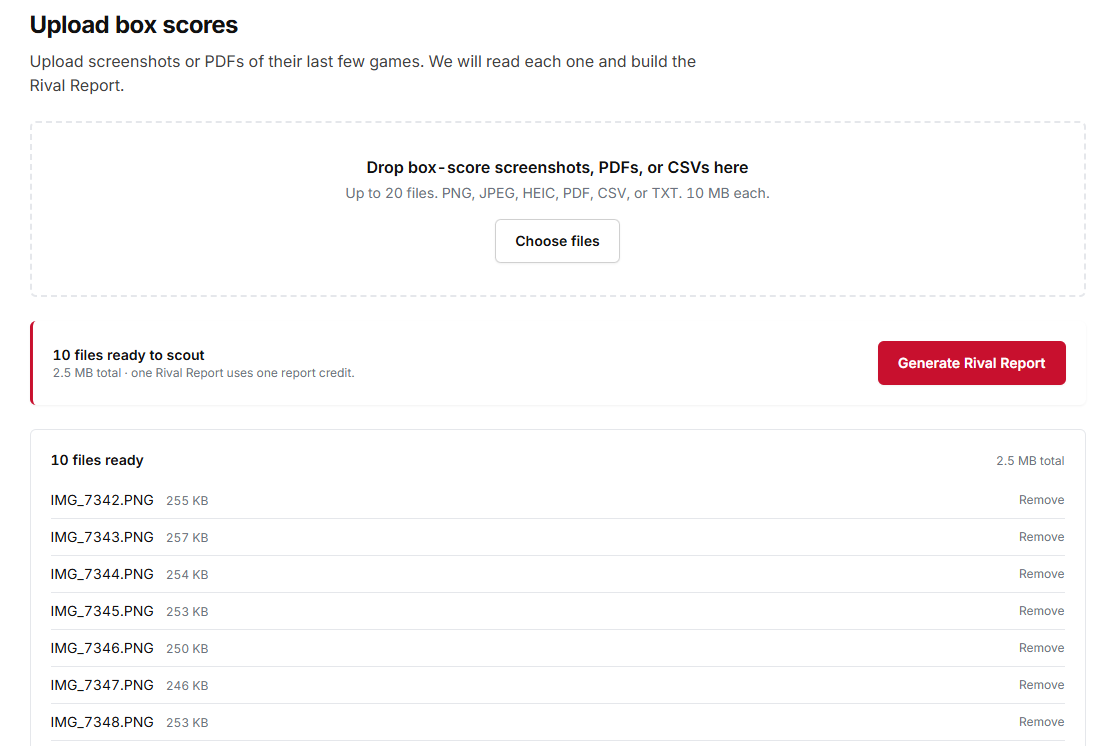 Uploading box-score screenshots on the upload step.
